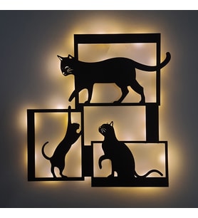 Lucenda Led Işıklı Çerçeveli Kediler Dekoratif Tablo Balkon Duvar Dekorlu Gece Lambası (Sarı)