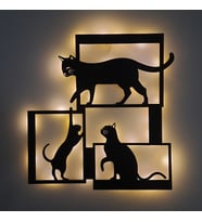 Lucenda Led Işıklı Çerçeveli Kediler Dekoratif Tablo Balkon Duvar Dekorlu Gece Lambası (Sarı)