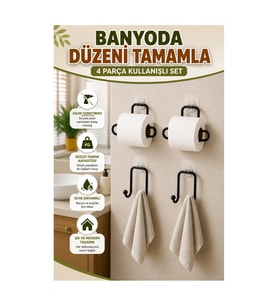 Yapışkanlı Rulo Kağıt Tutucu ve Havlu Askılığı – 2+2 Toplam 4 Parça Set