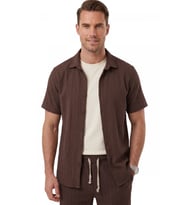 DeepSEA Kahve Slim Fit Çizgi Dokulu Keten Görünümlü Kısa Kol Erkek Spor Gömlek 2602648