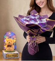 Size Özel Renkli Led Işıklı Fanus ve Renkli Led Işıklı Kelebek Buketi (Model 4)