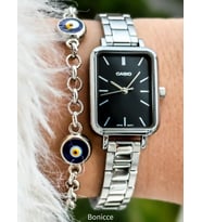 Casio Çelik Kordon, Gümüş Renk,Dikdörtgen Kasa,Kadın Kol Saati+Nazar Boncuklu Bileklik