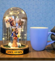 Kişiye Özel Tasarım Led Işıklı Fanus ve Turkuaz Kupa Bardak Hediye Seti (Model 9)