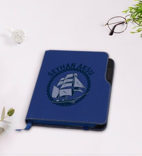 BK Gift Kişiye Özel Gemi Tasarımlı Lacivert Termo Deri Defter-1