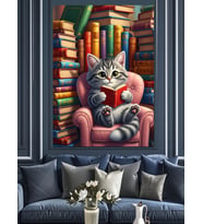 Kütüphanede Kitap Okuyan Kedi Dekoratif Kanvas - Mdf Ahşap Tablo