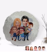 BK Gift Kişiye Özel Tesettürlü Aile Karikatürlü Yuvarlak Dekoratif Kırlent Yastık-6