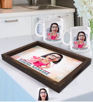 BK Gift Kişiye Özel Dünya Tatlısı Karikatürlü Doğal Ahşap Tepsi ve 2’li Kupa Bardak Seti-1
