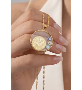 925 ayar gümüş kolye altın yaldızlı singapur zincirli nazarlı,çerçeveli, tuğralı, çeyrekli kolye SGTL13139GOLD