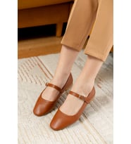 Latte Taba ( 1 cm Topuklu ) Baretli Yuvarlık Burun Babet