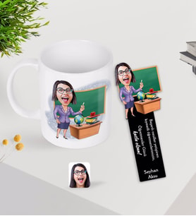 BK Gift Kişiye Özel Kadın Öğretmen Karikatürlü Kupa Bardak ve Ahşap Kitap Ayracı-1