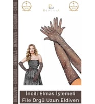 #Eldiven Siyah İncili Elmas İşlemeli 45 cm Likralı Abiye Kostüm Şık Aksesuar File Örgü Uzun Eldiven