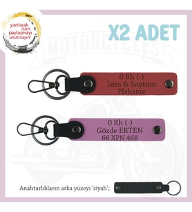 Yolların Sürücülerine, İsim Plaka ve 0 Rh (-) Kan Grubu Yazılı x2 Anahtarlık, Nar Çiçeği-Pembe-Syh (Çok Renkli)