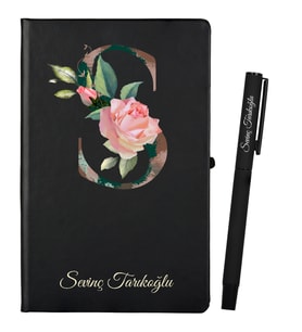 Öğretmene Hediye Kişiye Özel Siyah Defter ve Siyah Roller Kalem Seti