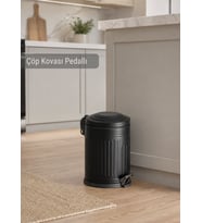 Vintage Siyah Pedallı Banyo Çöp Kovası - Metal Retro Mutfak Çöp Kutusu 5 Litre