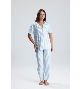 Kadın Kısa Kollu Dikey Çizgili Pijama Takım  Mavi