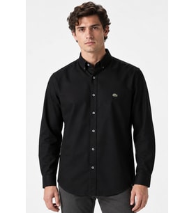 Lacoste Mens Slim Fit Black Shirt Dar Kesim Pamuklu Erkek Gömlek Siyah