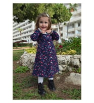 Kışlık Kalın Çiçek Desenli Cepli Pazen Kumaş Bebe Yaka Lacivert Kız Çocuk Elbise