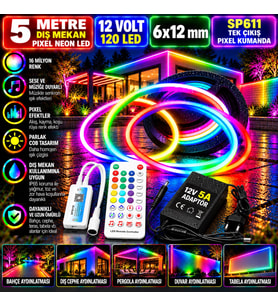 5M 12V 6x12mm 120 Ledli Dış Mekan Pixel Neon Led 5A Laptop Adaptör SP611 Tek Çıkış Pixel Kumandalı S