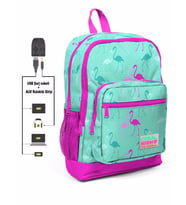 Coral High Kids Dört Gözlü Kız Çocuk İlkokul Çantası - Yeşil Flamingolar Baskılı - USB+AUX Soketli