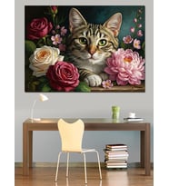 Güller Arasında Şirin Kedi Portresi Dekoratif Kanvas - Mdf Ahşap Tablo