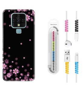 Tecno Camon 16 18P Pova 3 Pova Neo Kılıf Kablo Koruma Spiral Silikon Black flowers 1391