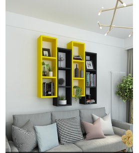 Kitaplık Modern Duvar Rafı Sarı Siyah 4 Lü Takım (Siyah-Sarı)