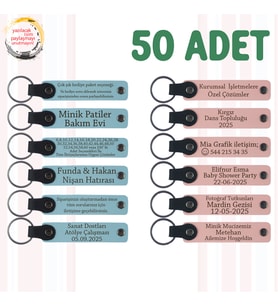 Gök Mavi & Yavru Ağzı, İsim Yazılı Deri Anahtarlık Petshop Müşterilerine Teşekkür Hediyesi 50’li Set
