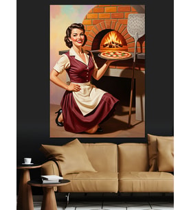 Retro Elbiseli Mutfakta Pizza Yapan Kadın Dekoratif Kanvas - Mdf Ahşap Tablo