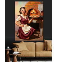 Retro Elbiseli Mutfakta Pizza Yapan Kadın Dekoratif Kanvas - Mdf Ahşap Tablo