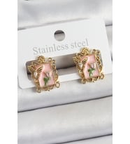 Pirinç Pembe Mineli Sanatsal Portre Model Gold Renk Kadın Küpe - TJ-BKP10685