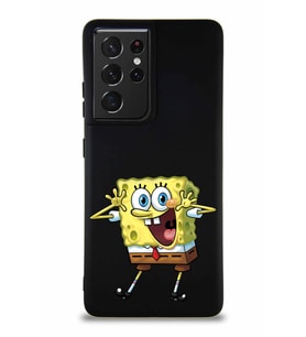 Samsung Galaxy S21 Ultra Soft Premier Kapak Sünger Bob Tasarımlı Silikon Kılıf - Siyah (Şeffaf)