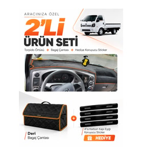 KİA K2500 K2700 (2004-2019) Uyumlu Torpido Örtüsü + Deri Bagaj Çantası + Sticker Seti - Siyah Kahverengi