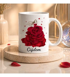Kişiye Özel İsimli Kırmızı Gül Tasarımlı Romantik Kupa