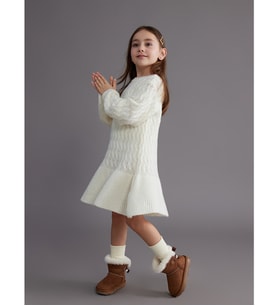 LCW Kids Ekru Bisiklet Yaka Kız Çocuk Triko Elbise