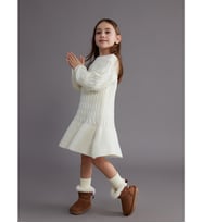 LCW Kids Ekru Bisiklet Yaka Kız Çocuk Triko Elbise