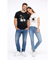Sevgili Kombini Astronot Baskılı Çift Tişört Oversize Unisex Partner Tişört 2’li Set (Çok Renkli)
