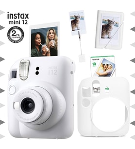 Instax mini 12 Beyaz Fotoğraf Makinesi-10'lu Film-Kıskaçlı Stand-Mini Albüm ve Silikon Kılıf Seti