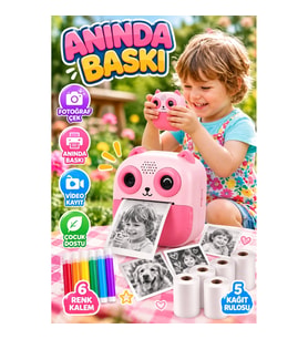 Çocuklar İçin Anında Baskılı Mini Fotoğraf Makinesi 6 Kalem ve 5 Kağıt Rulosu