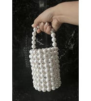 Altın Boncuklu Silindir İnci Çanta (Krem)
