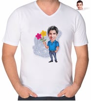BK Gift Kişiye Özel Erkek Karikatürlü V Yaka Tişört-1 (Beyaz)