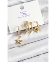 Pirinç Zİrkon Taşlı Sallantılı Yıldız Model Gold Renk 3'lü Kadın Küpe (Altın)