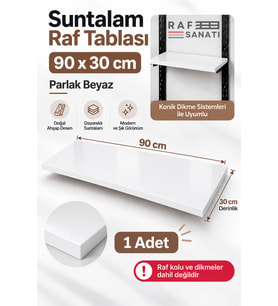 1 Adet - 90x30 cm Suntalam Mağaza Rafı Beyaz Geniş Ahşap Raf Tablası Konik Dikme Uyumlu