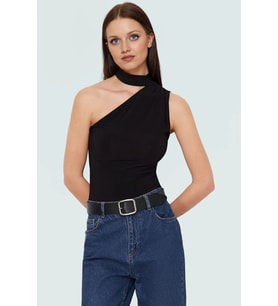 Tek Omuzlu Örme Bluz Choker Yaka Günlük Şık Tarz Özel Tasarım Rahat Ve (Siyah)