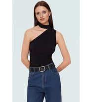 Tek Omuzlu Örme Bluz Choker Yaka Günlük Şık Tarz Özel Tasarım Rahat Ve (Siyah)