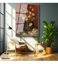 Gümüş Renk Metal Çerçeveli Tamperli Cam Tablo Vincent van Gogh Vazoda Pembe Kırmızı Çiçek Ressam Tablosu Duvar Dekoru