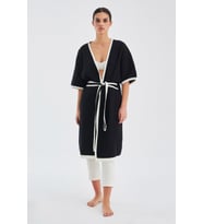 Peraluna SOHO Kısa Kollu %100 Pamuk Kadın Triko Kimono - Siyah/Ekru