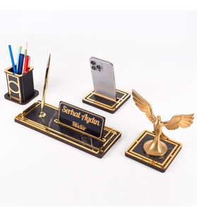Vista Anka Kuşu Biblolu Gold Ahşap Masa İsimliği Seti Mermer Desenli Ofis Hediyesi Masa üstü İsimlik