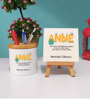 Anneler Günü Hediyesi Anneye Hediye - 8 - Kalemlik ve Dekoratif Taş Baskı Hediye Seti