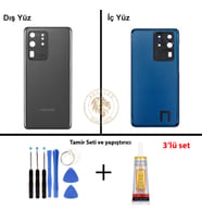 Samsung Galaxy S20 Ultra Gri Renk Lensli Arka Kapak + Tamir Seti + B7000 Yapıştırıcı Arka Cam Batarya Kapağı Pil Kapağı Lazer Kesim Back Cover Galaxy S20 Ultra Uyumlu