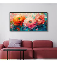 Yağlı Boya Dokulu Tablo Renkli Modern Yatay Çiçekler Siyah Çerçeveli U02043